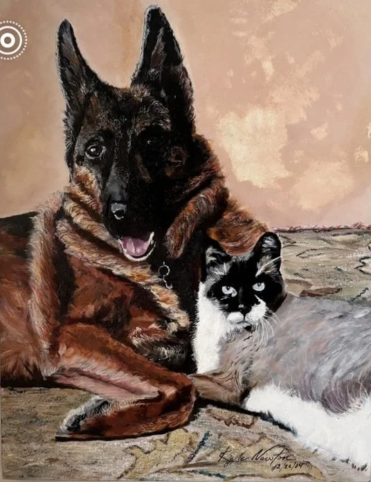 A painting of a German Shepherd dog lying next to a black and white cat on the floor, with a pinkish wall in the background.