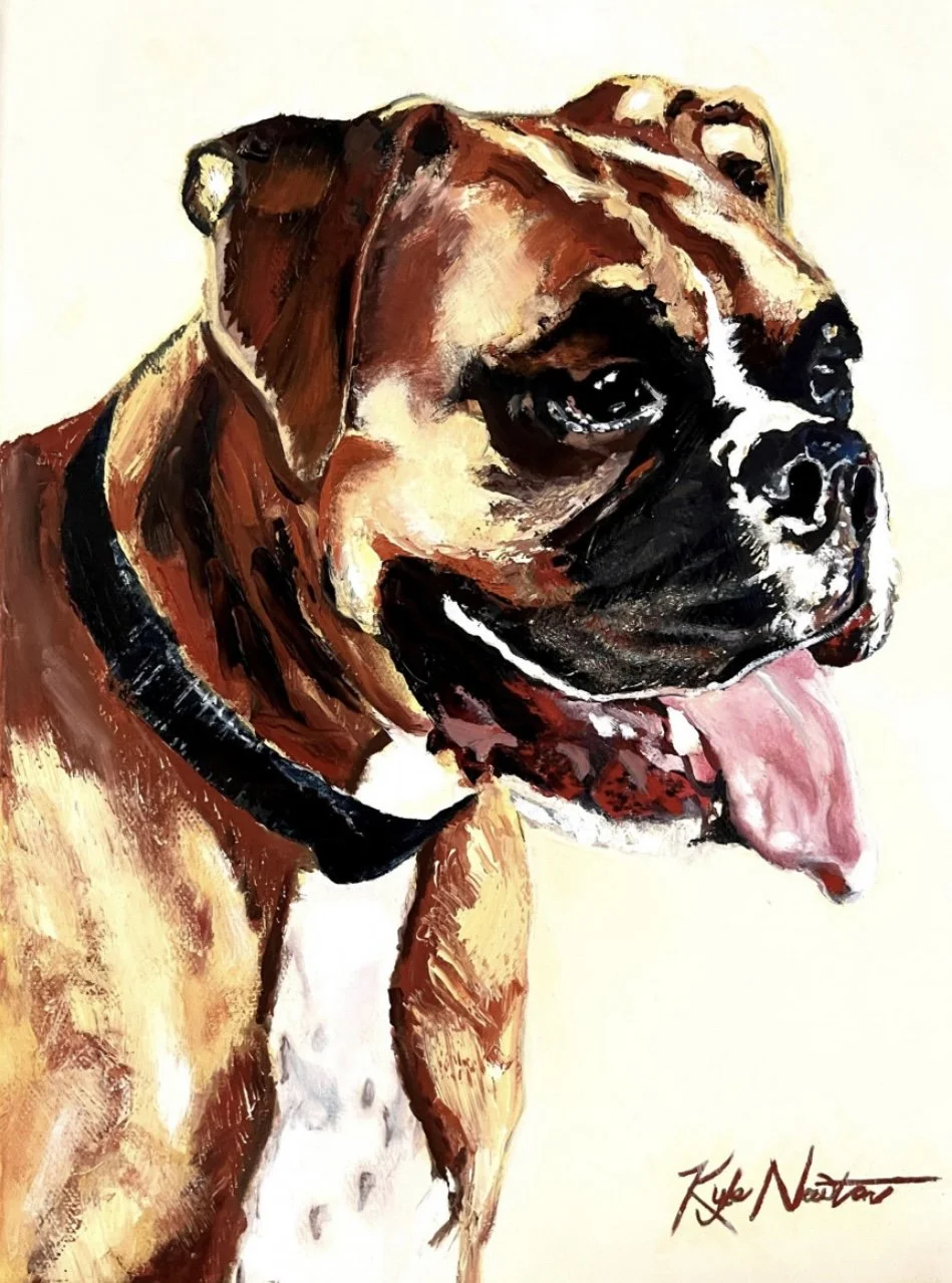 Painting of a Boxer dog with a brown and black coat, white chest, and black collar, smiling with its tongue out.