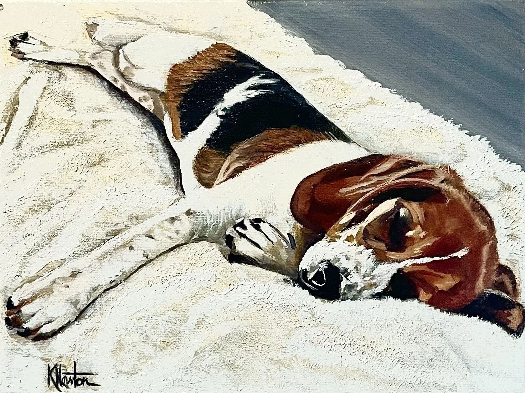 Oil painting of a beagle resting alone on a light-colored blanket.