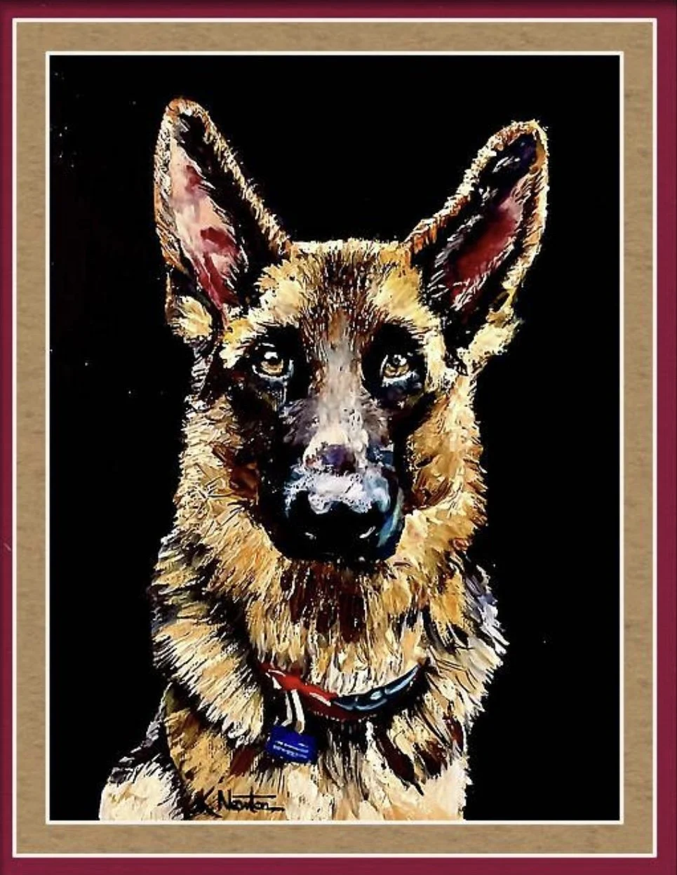 Painting of a German Shepherd dog against a black background, with a red and black collar.