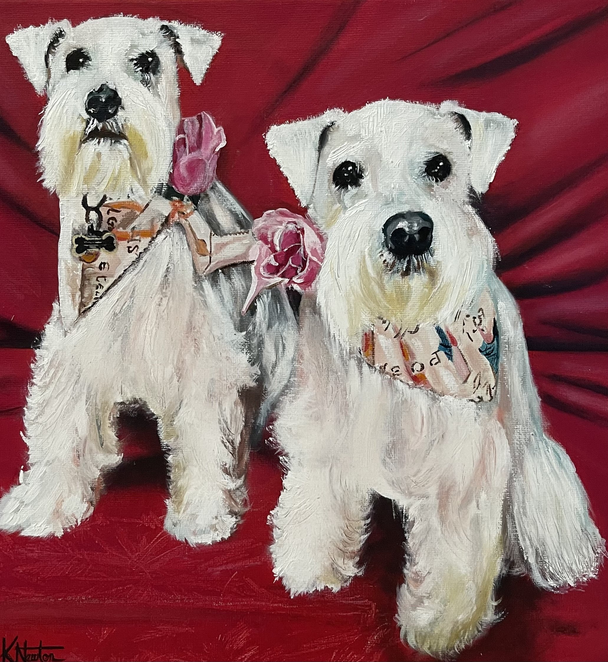 Painting of two West Highland White Terriers with a pink flower against a deep red background.