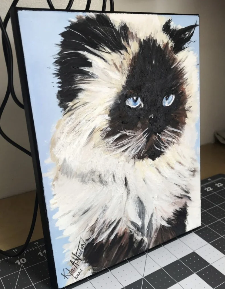 Oil painting of a long-haired black-and-white cat with blue eyes.