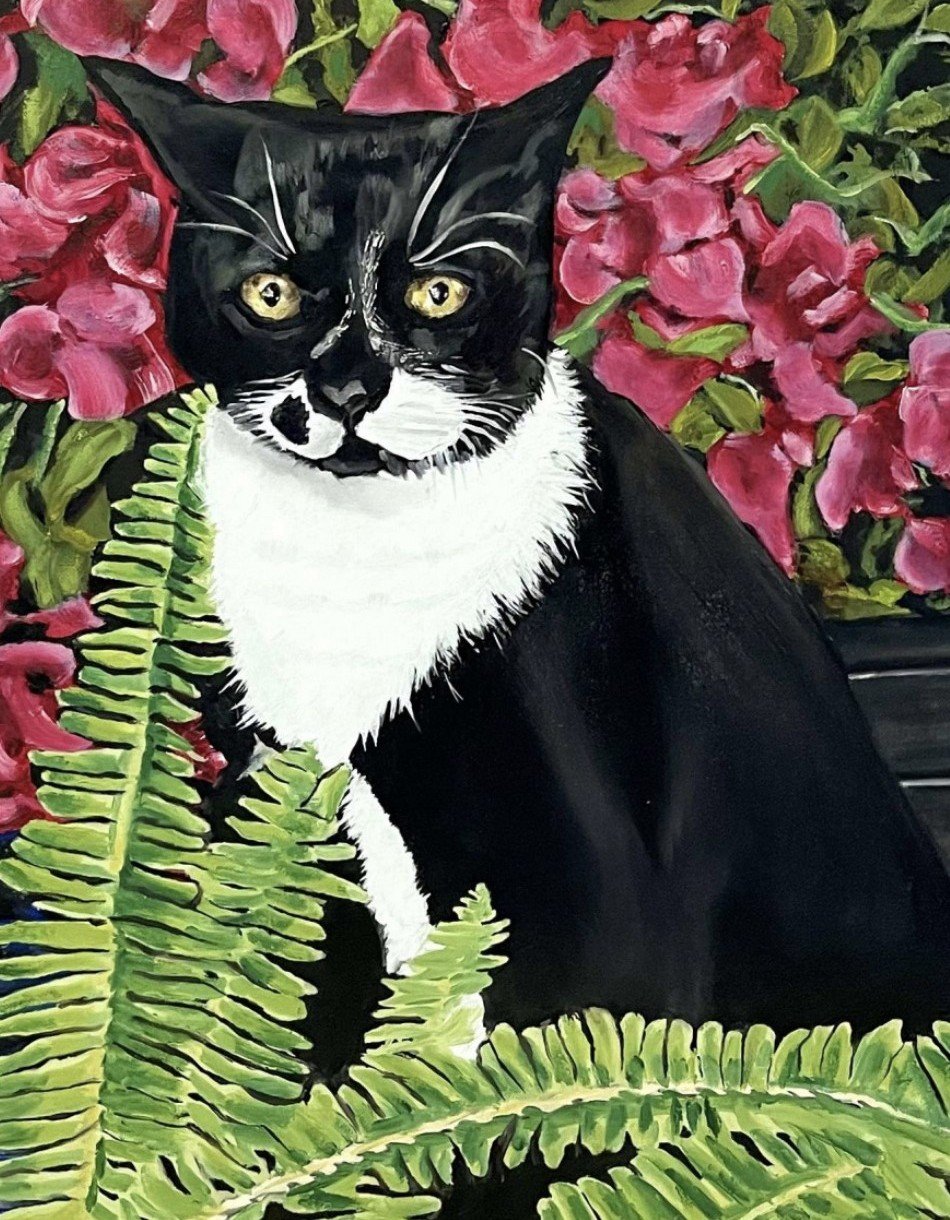 Painting of a black and white cat with yellow eyes, surrounded by pink flowers and green ferns.