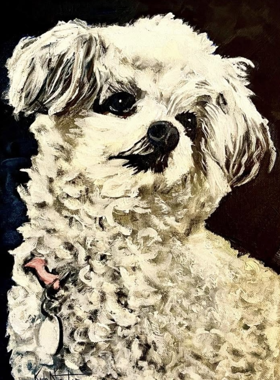 Painting of a small, fluffy white dog with dark eyes and a black nose, holding a pink leash.