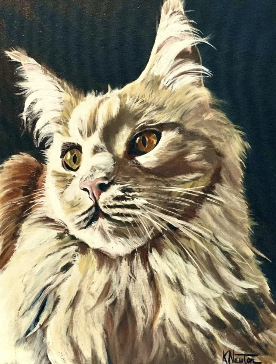 Painting of a long-haired cat with amber eyes and bushy fur, against a dark background.