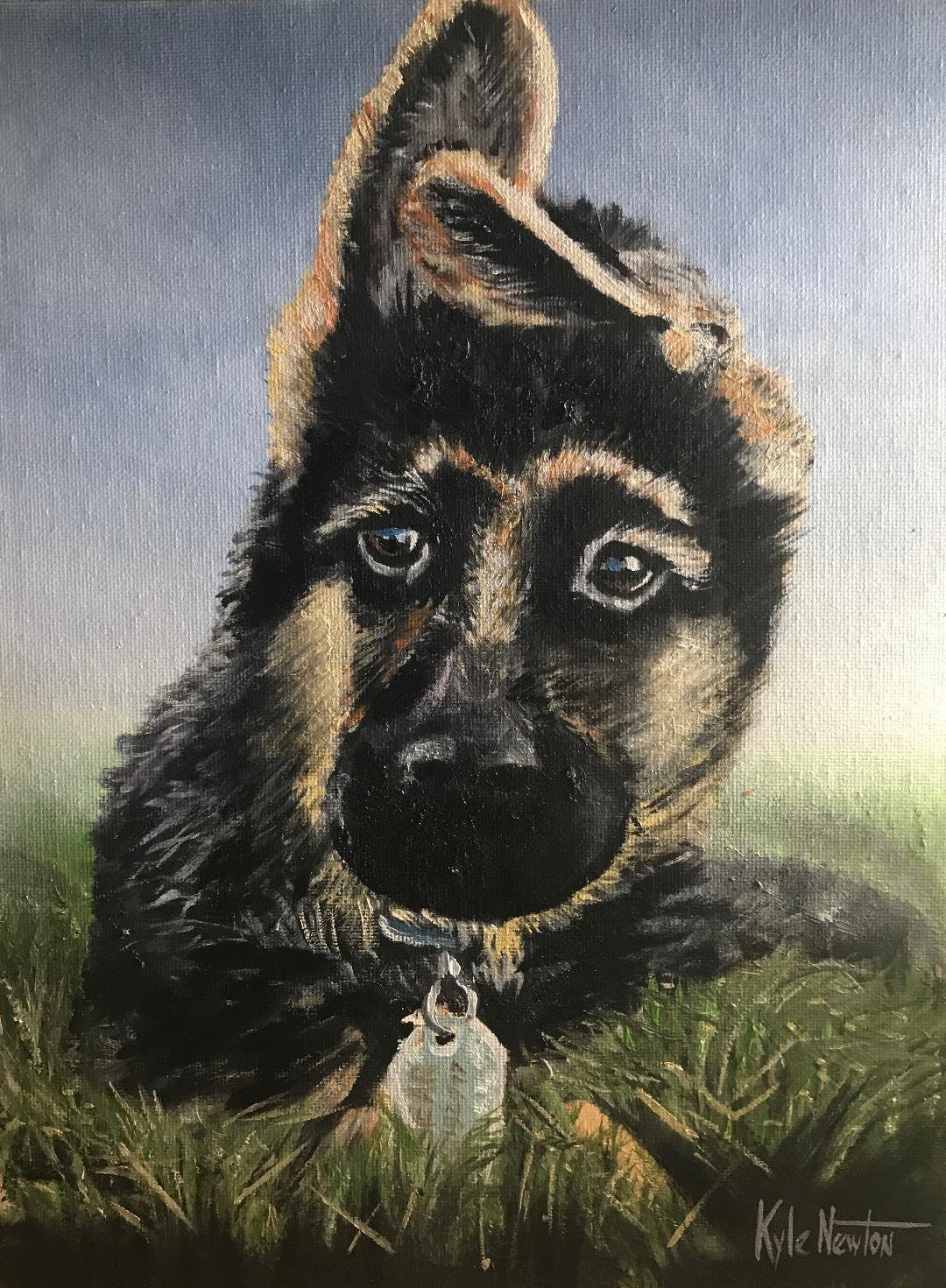 A painting of a German Shepherd puppy lying on grass, looking into the camera, with ears up and a black collar with a metal tag.