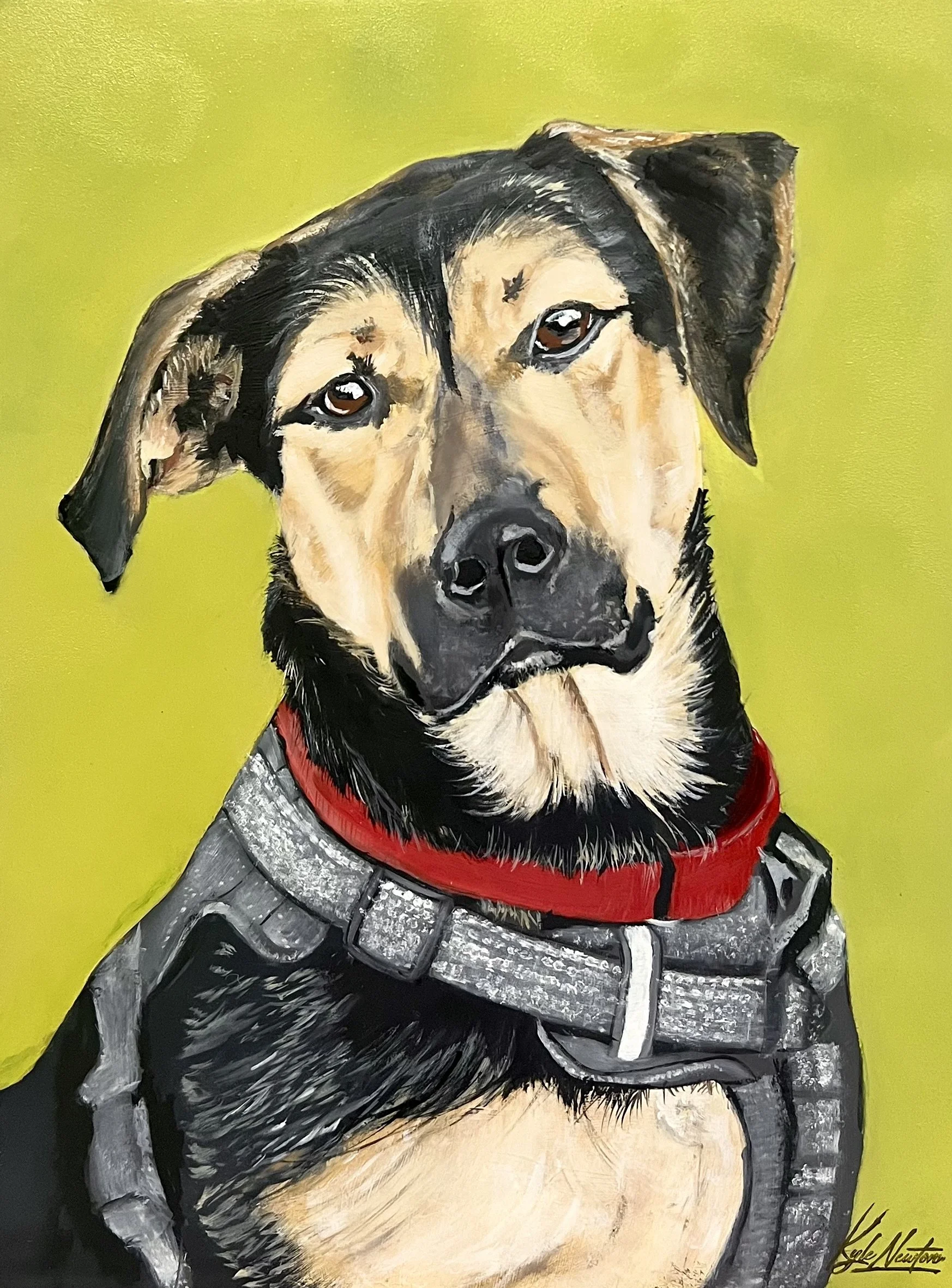 Painting of a dog with black, brown, and tan fur, wearing a gray armored vest and a red collar, on a yellow background.
