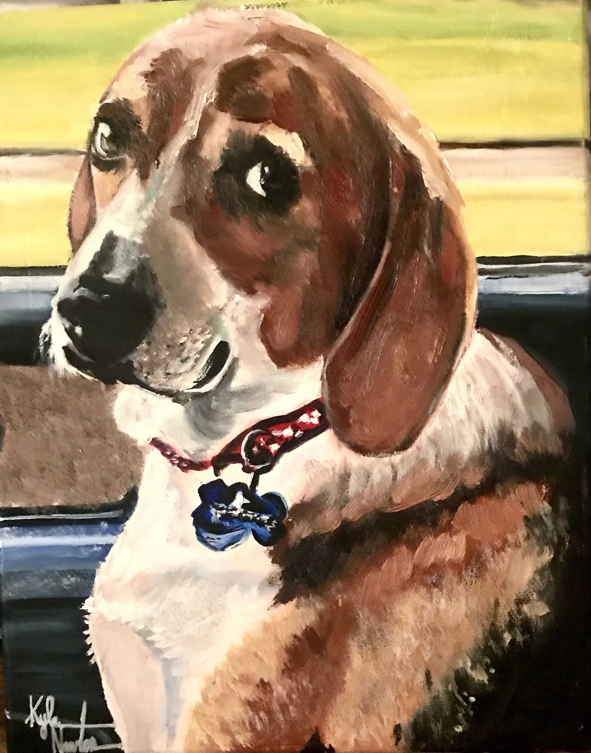 Painting of a dog with a brown and white coat, dark eyes, and a red collar, against a background of yellow and green hues.