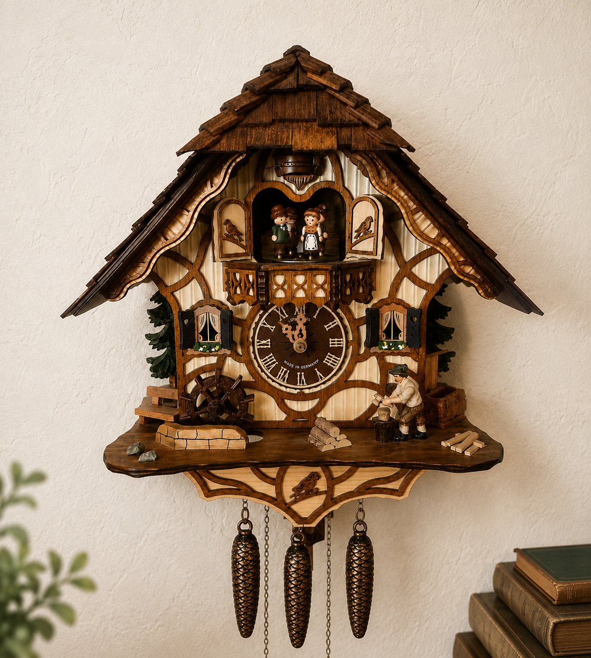 A traditional wooden cuckoo clock mounted on a wall, featuring animated figurines, a clock with Roman numerals, and pine cone weights hanging below.