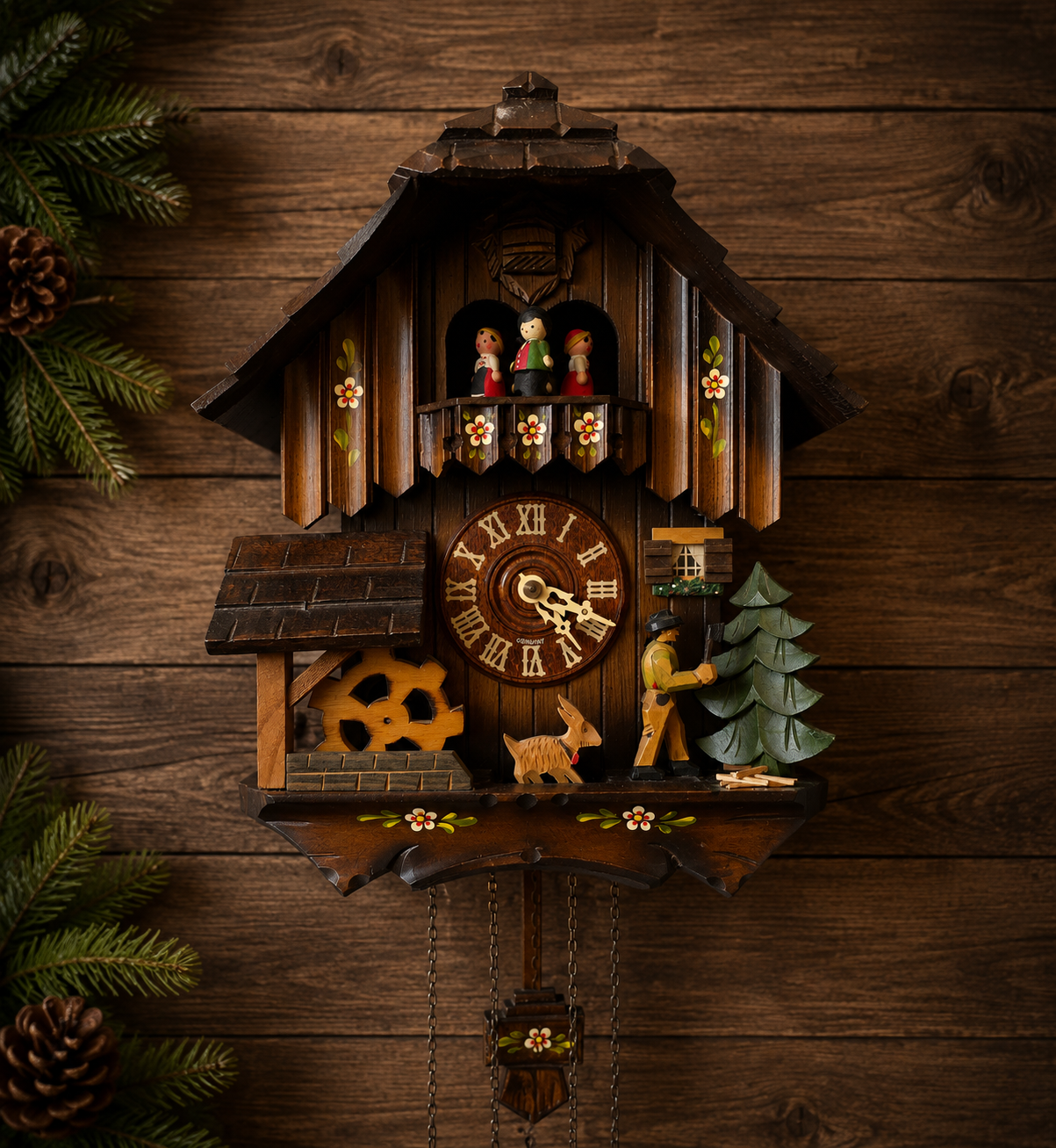 A traditional wooden cuckoo clock with decorative figures, flowers, a running water wheel, man holding an ax near a pine tree, a rabbit, and a clock face with Roman numerals, hanging on a wooden wall.