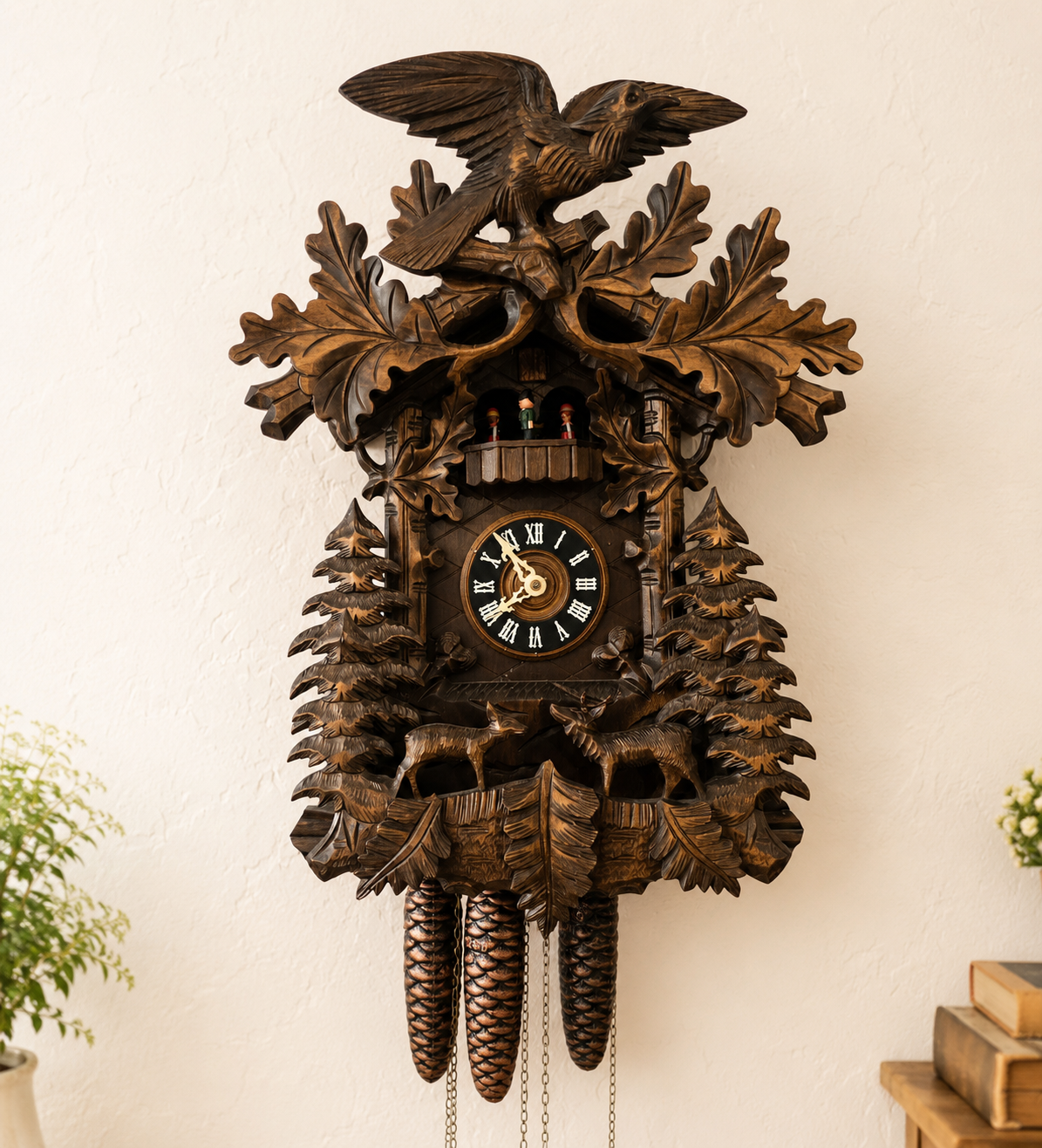 Vintage German 8-Day Musical Carved Cuckoo Clock – Eagle, Deer & Rotating Dancers | C-V-005