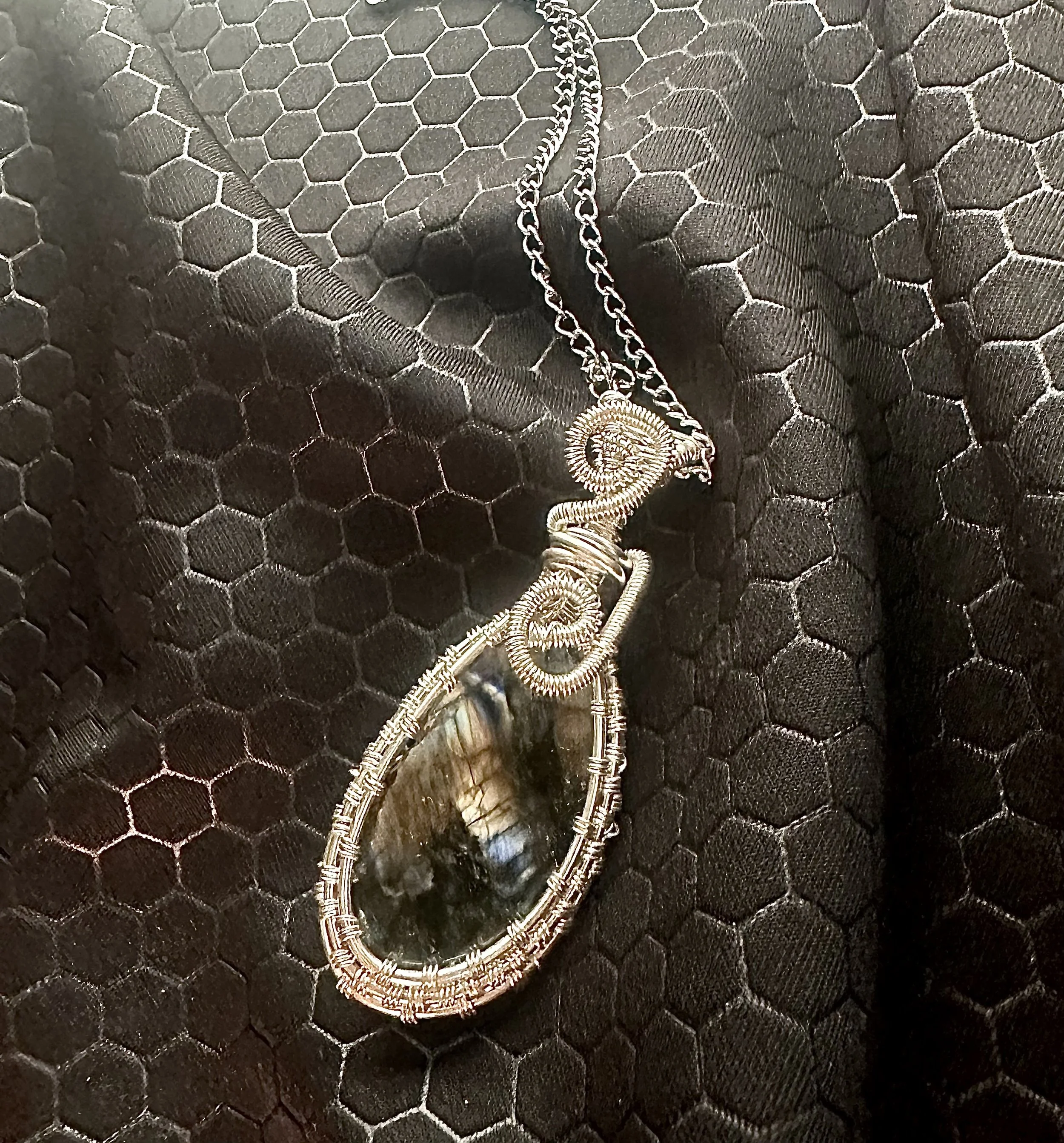 Large Teardrop Silver Labradorite Wire Pendant