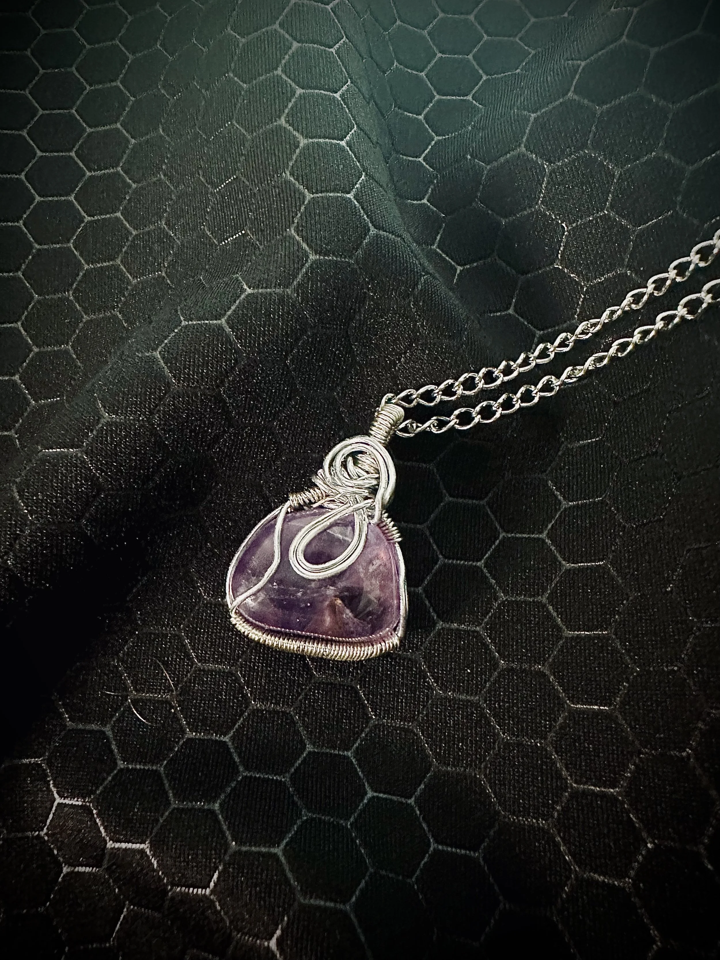 Deep Purple Tumbled Amethyst Scroll Wire Pendant