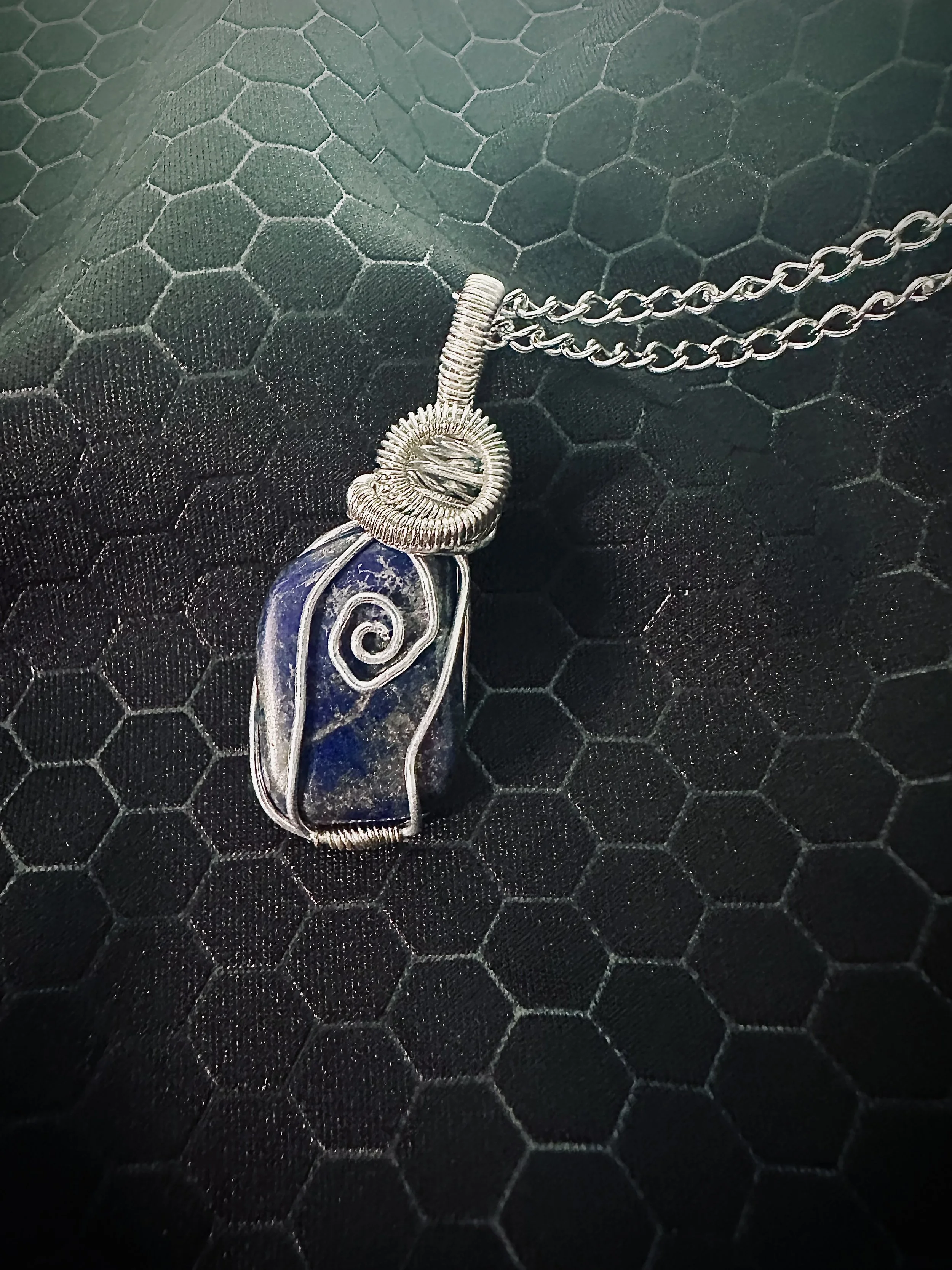 Freeform Tumbled Lapis Lazuli Spiral Wire Pendant