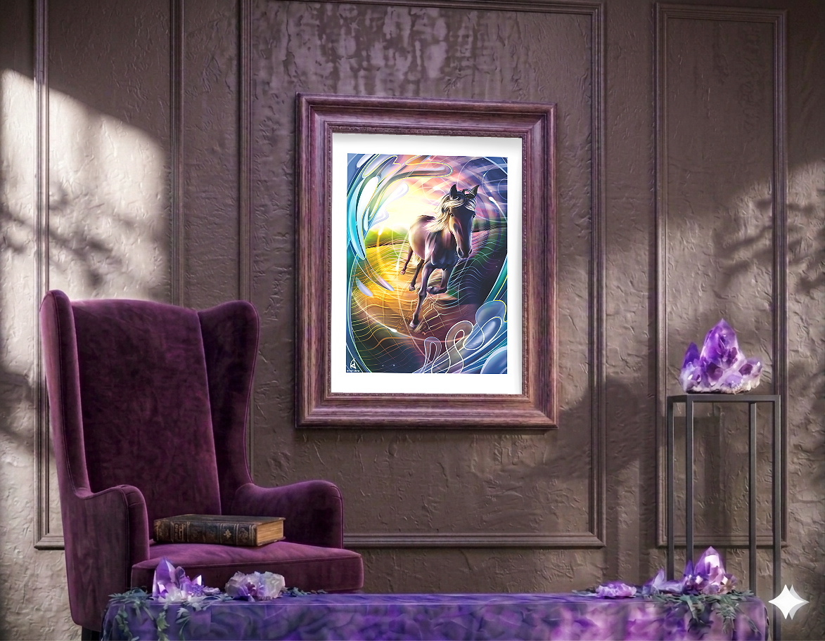 A framed artwork of a running horse with swirling colorful abstract patterns is hung on a textured brown wall in a cozy room. The room features a tall purple velvet wingback chair, purple gemstone decorations on a table and stand, and a book placed on the chair. Purple gemstones and greenery are also on the table.