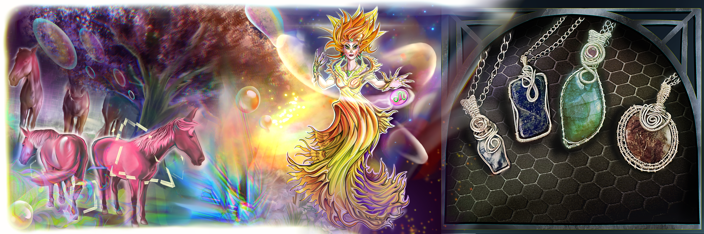 A colorful fantasy scene featuring pink horses on the left, surrounded by iridescent bubbles and rainbow streaks. In the center, a mermaid-like figure with orange and yellow flowing hair, dressed in a yellow-green dress, holding a crystal orb with the Gemini zodiac symbol, set against a cosmic background with planets and stars. On the right, a display case containing three gemstone necklaces with intricate wire wrapping against a black hexagon-patterned background.