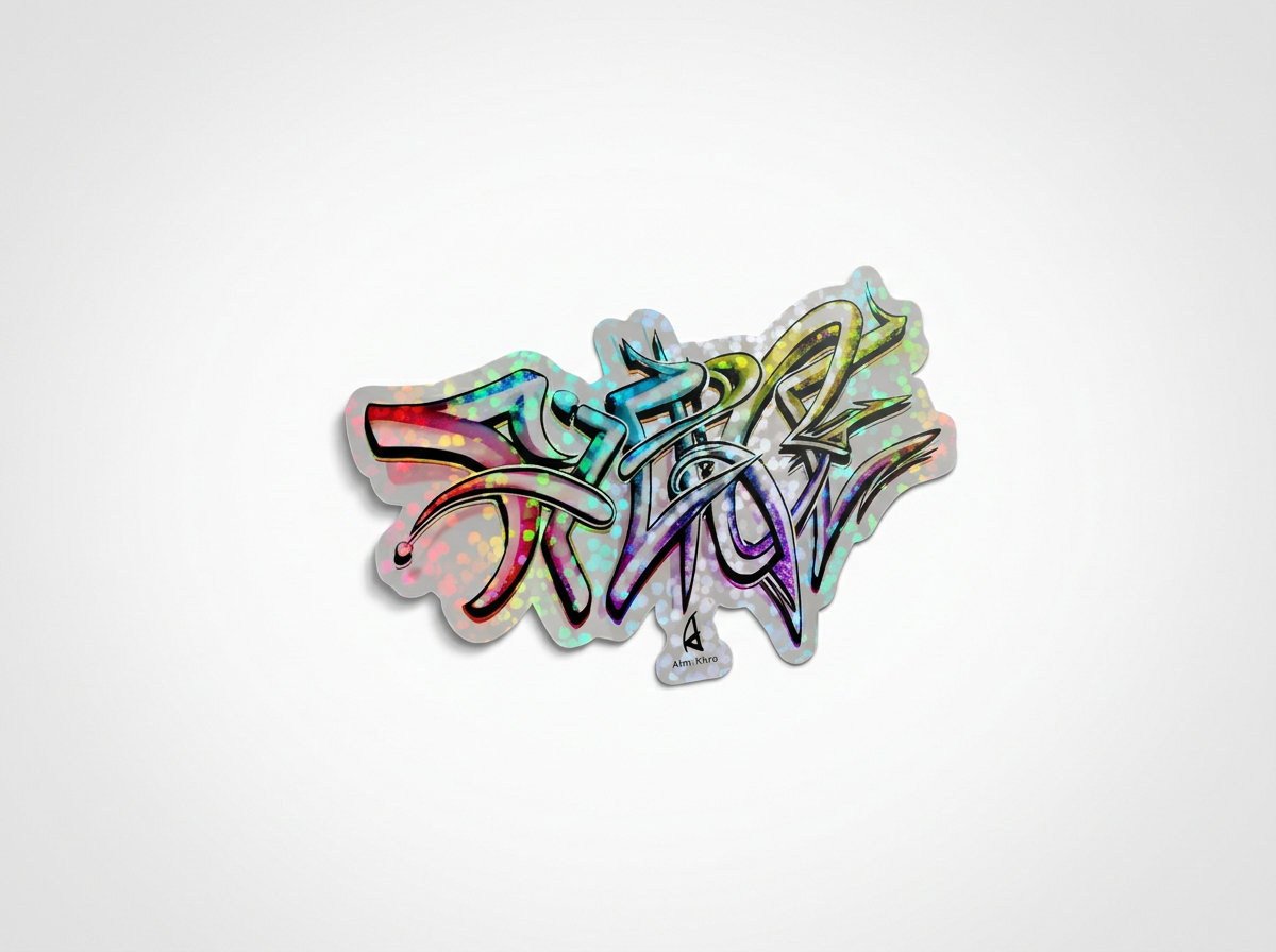 Colorful graffiti-style sticker with abstract design on a white background.