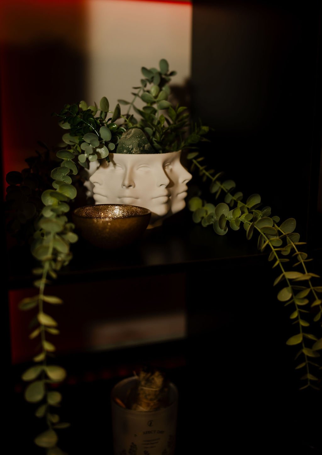 Decorative shelf with a white ceramic face sculpture with plants growing from its head, a small gold bowl, and blurred background.