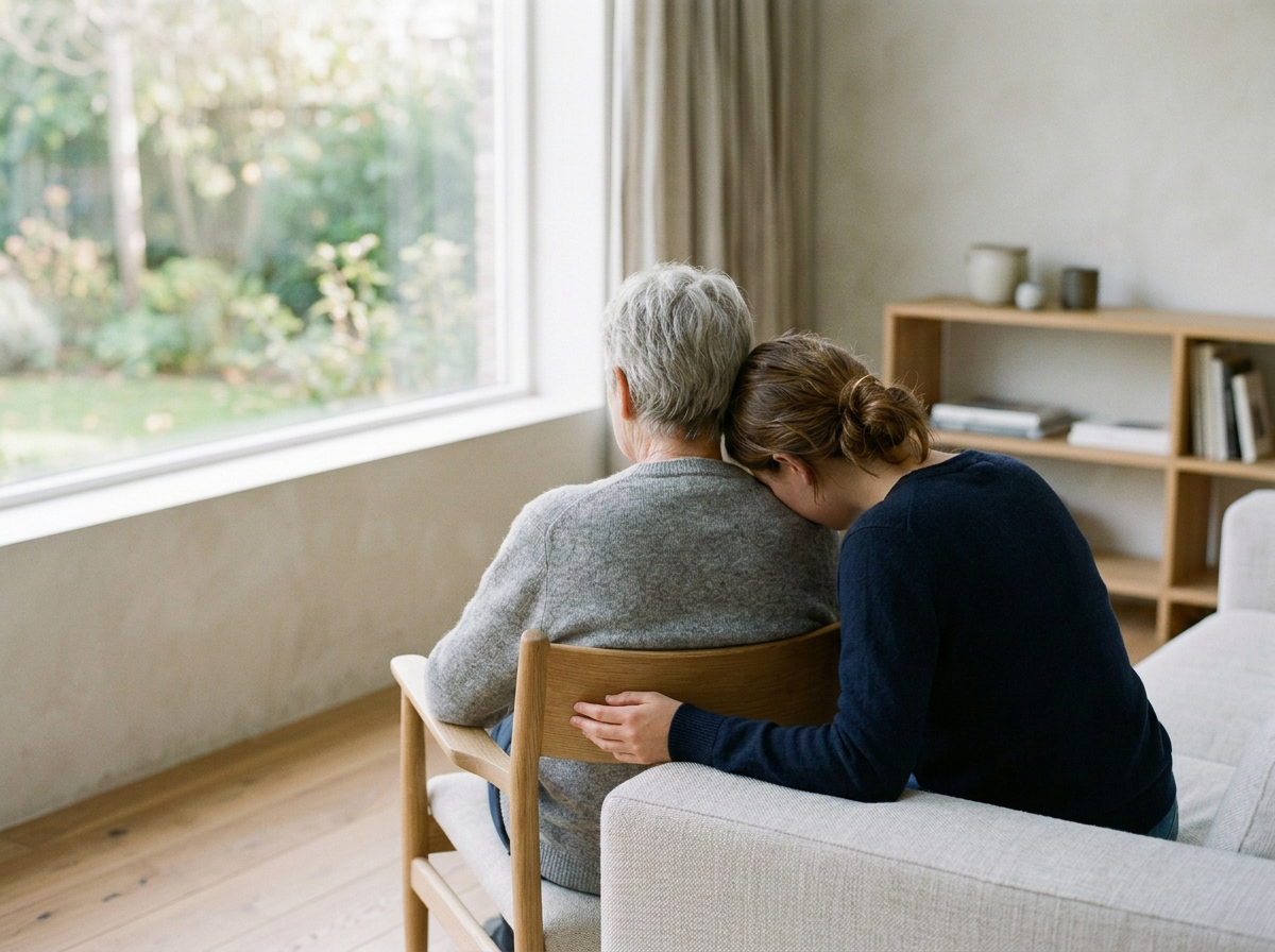 A young woman consoles an elderly woman, comforting, caring