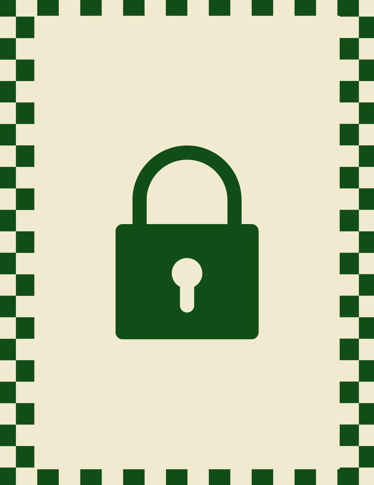 A digital illustration of a padlock symbol centered on a beige background with a green checkerboard border.