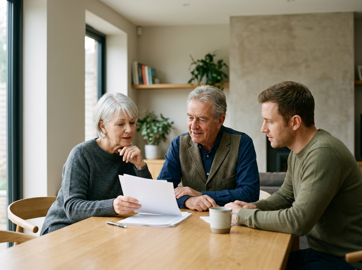 Three people discussing documents, in a bright living room, planning for future
