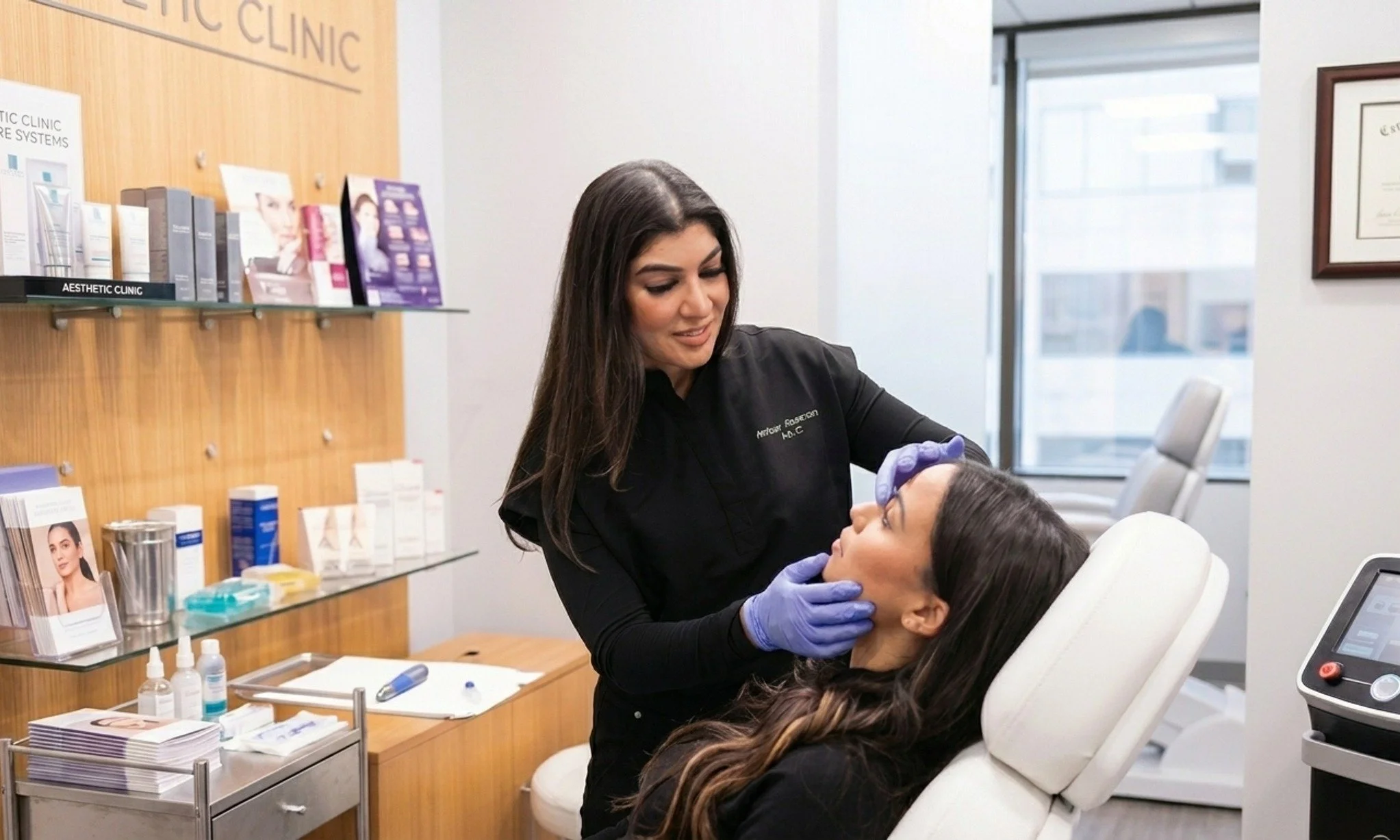 A woman in black medical scrubs is performing a cosmetic treatment on a patient lying in a medical chair. The woman is smiling and wearing purple gloves. The treatment appears to involve the woman's face. The setting is a bright clinic space with shelves holding skincare products and informational pamphlets.
