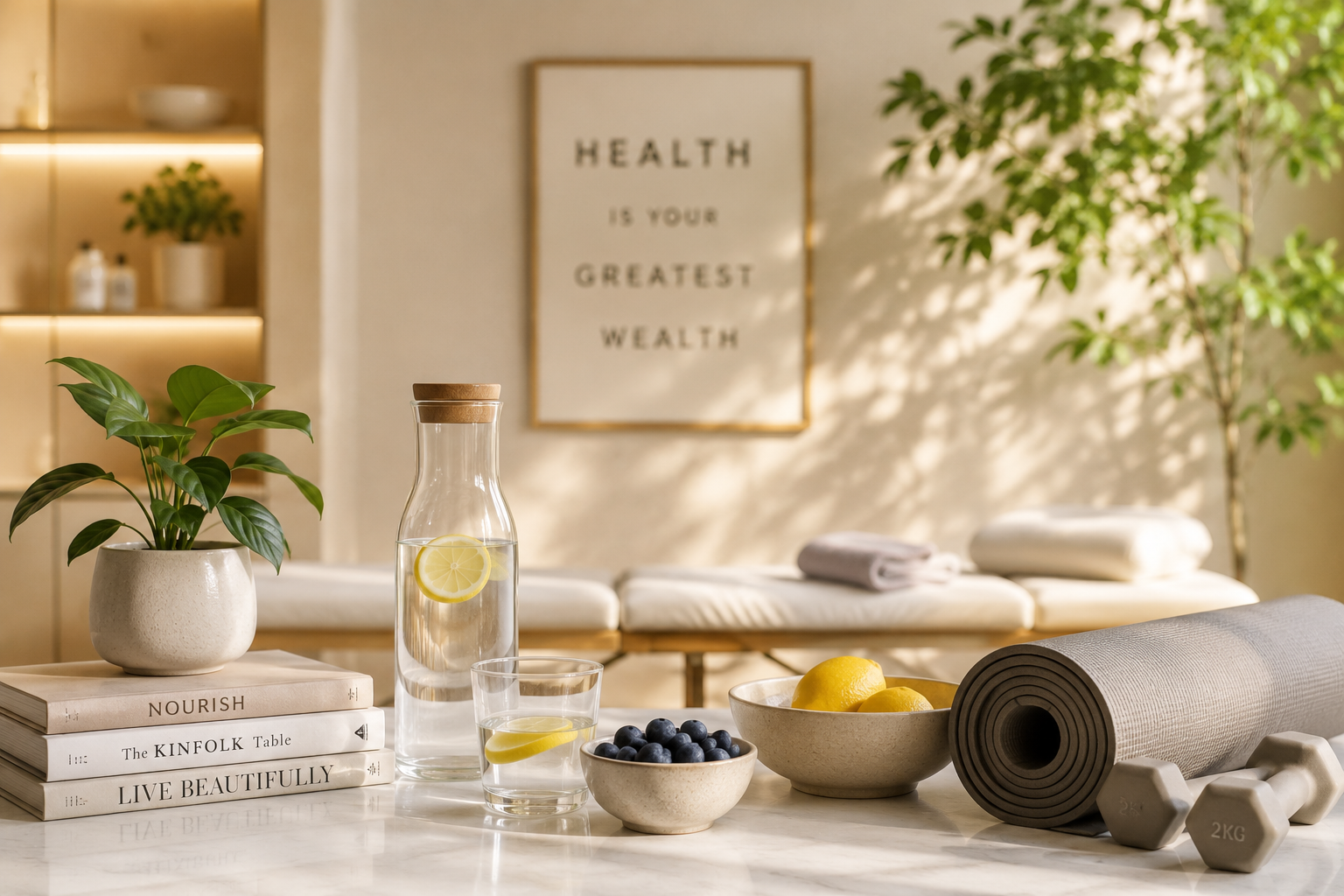 Yoga mat, dumbbells, and a bowl of lemons on a table in a wellness space with plants and sunlight.