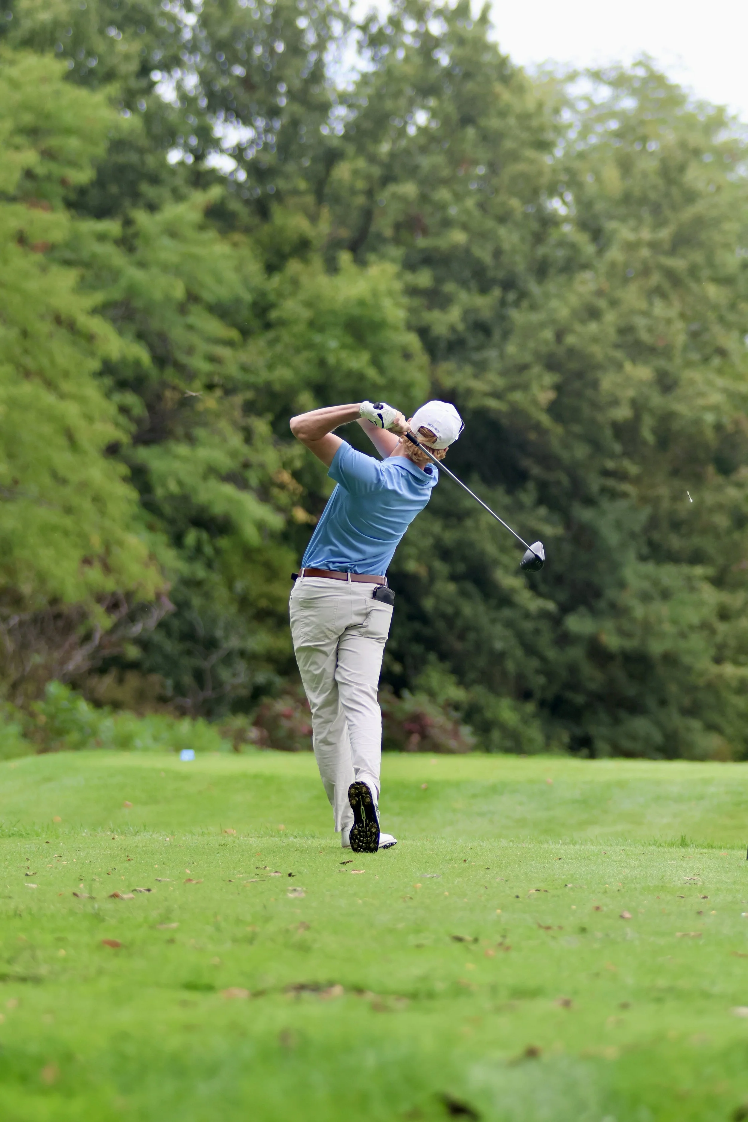 A golfer swings a club on a lush golf course with trees in the background.