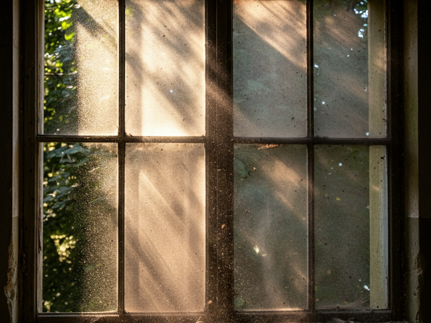 Sunlight shining through a window with nine panes, casting shadows inside the room.