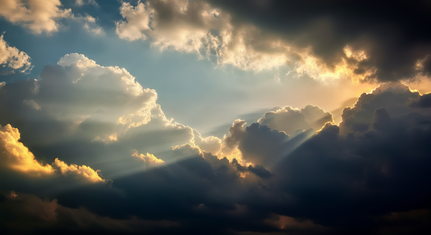 Cloudy sky with sunlight breaking through the dark clouds.