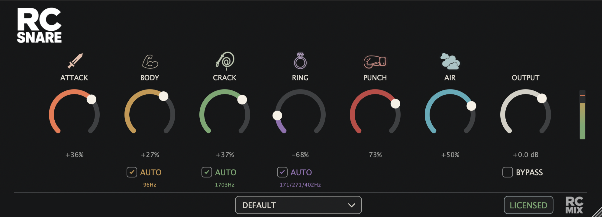 Audio effect equalizer interface with controls for attack, body, crack, ring, punch, air, and output levels, including labels, percentages, and frequency settings.