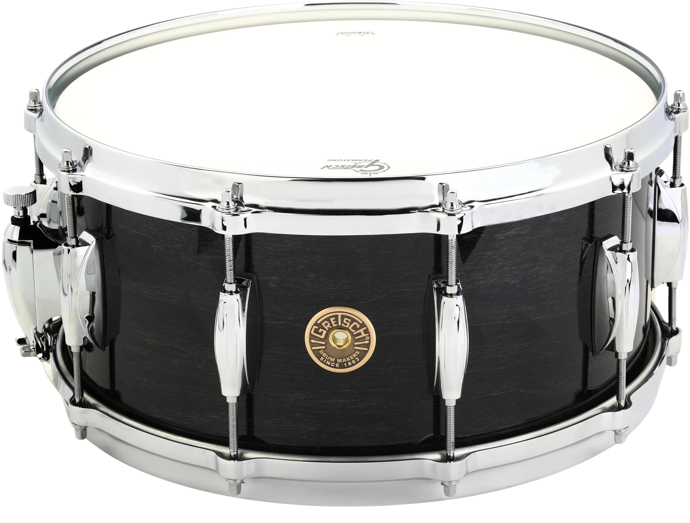 A black snare drum with chrome hardware and a white drumhead, branded with the Gretsch logo.
