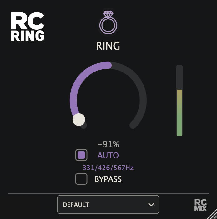 Audio plugin interface for RC Ring with a purple ring control, 331/426/567Hz frequency display, and a bypass checkbox.