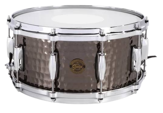 A metallic snare drum with a hammered finish and chrome hardware.