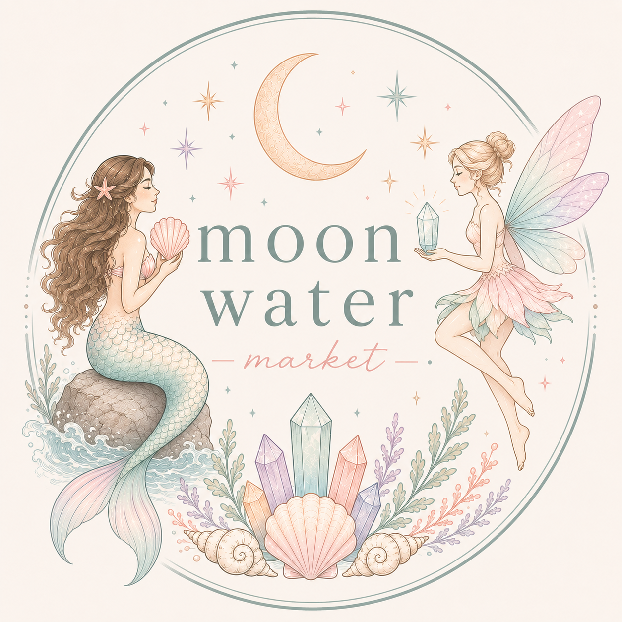 An illustration featuring a mermaid with long, flowing hair holding a shell, and a fairy with pastel-colored wings holding a crystal, surrounded by stars, crystals, shells, and plants, with the text 'moon water market' in the center.