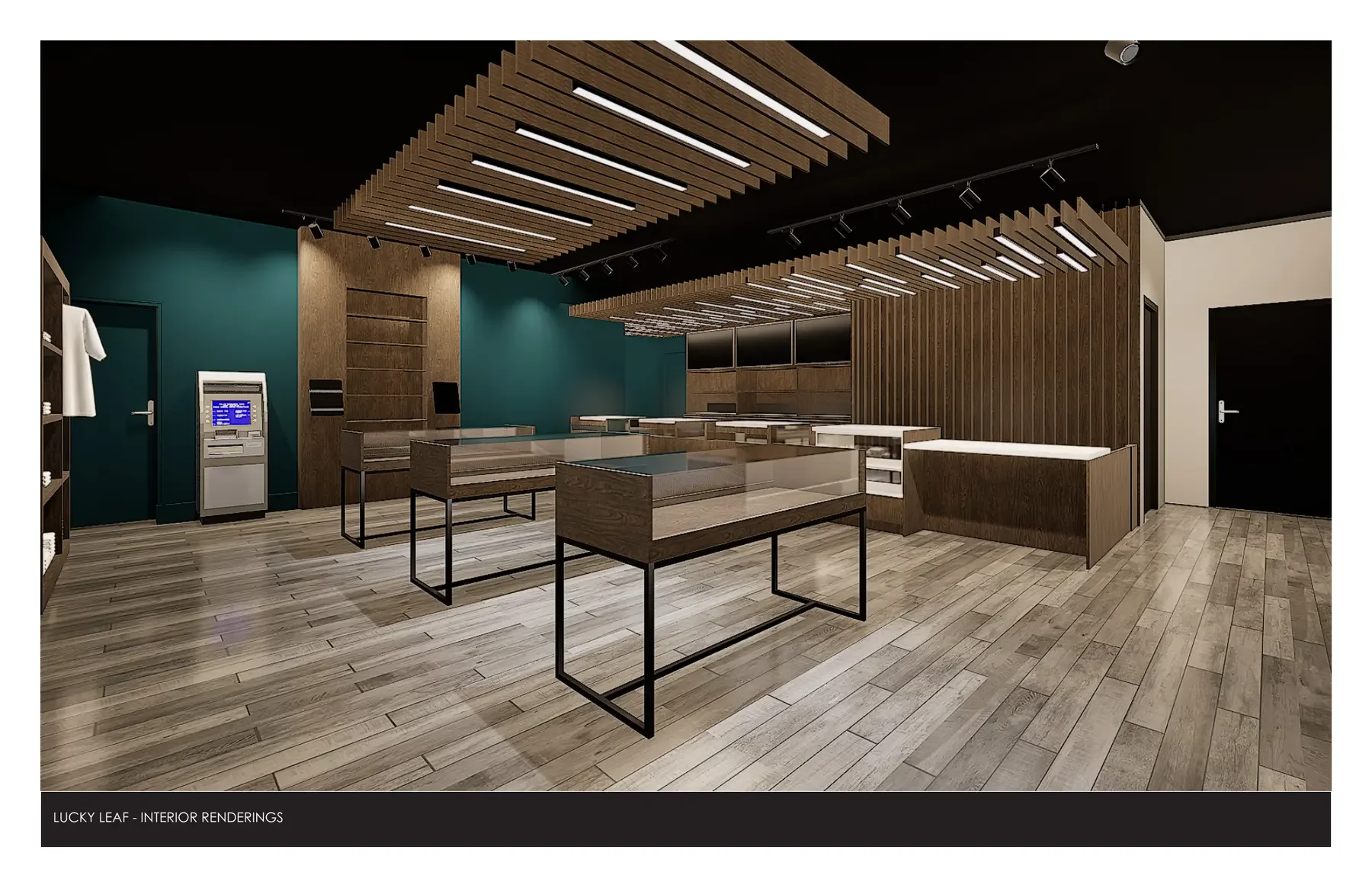 3D rendering of the Lucky Leaf Ossining retail interior with custom fixtures, display tables and branded wall graphics.