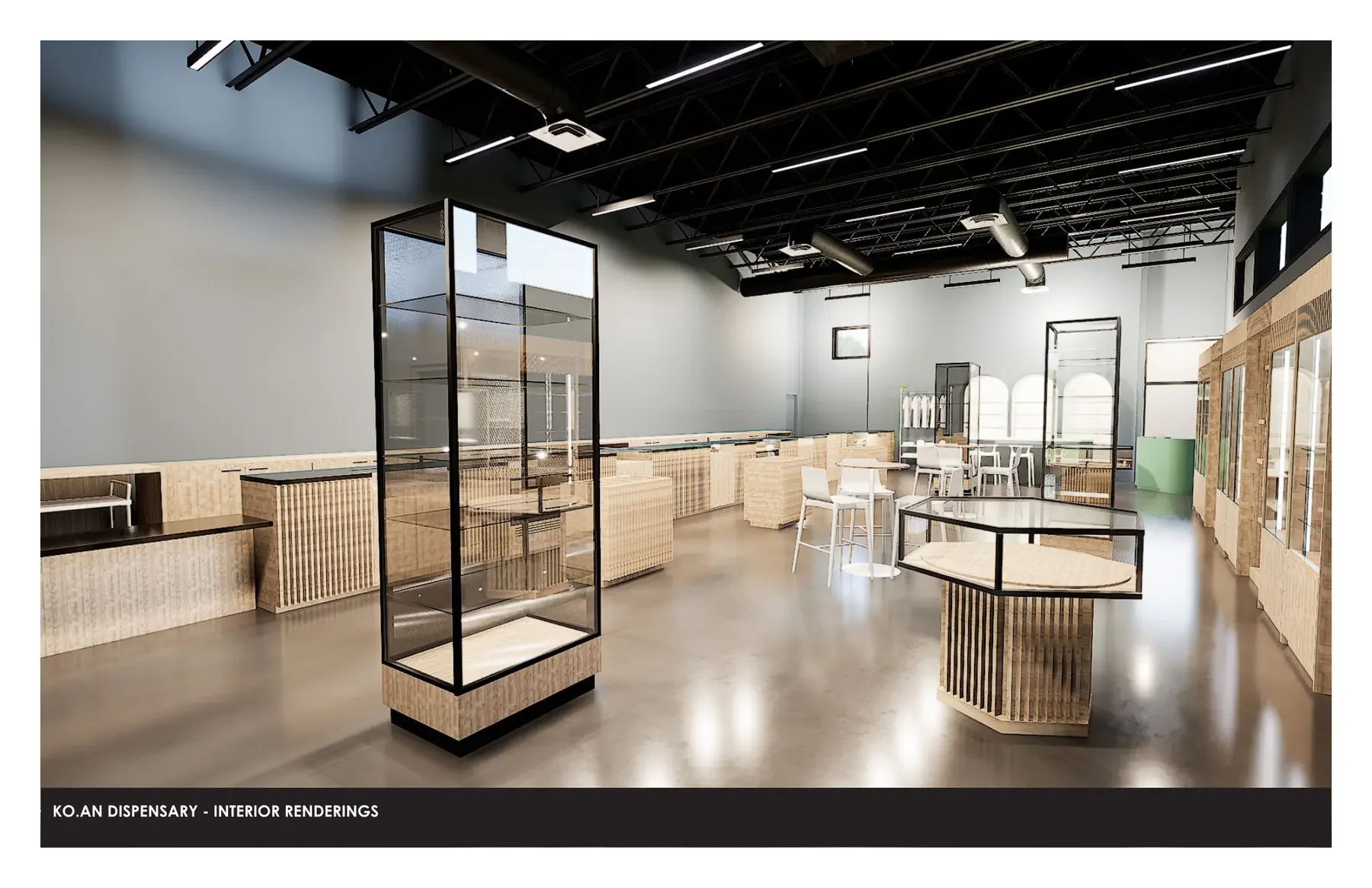 3D rendering of the KOAN Hagerstown retail interior with custom counters and display fixtures.