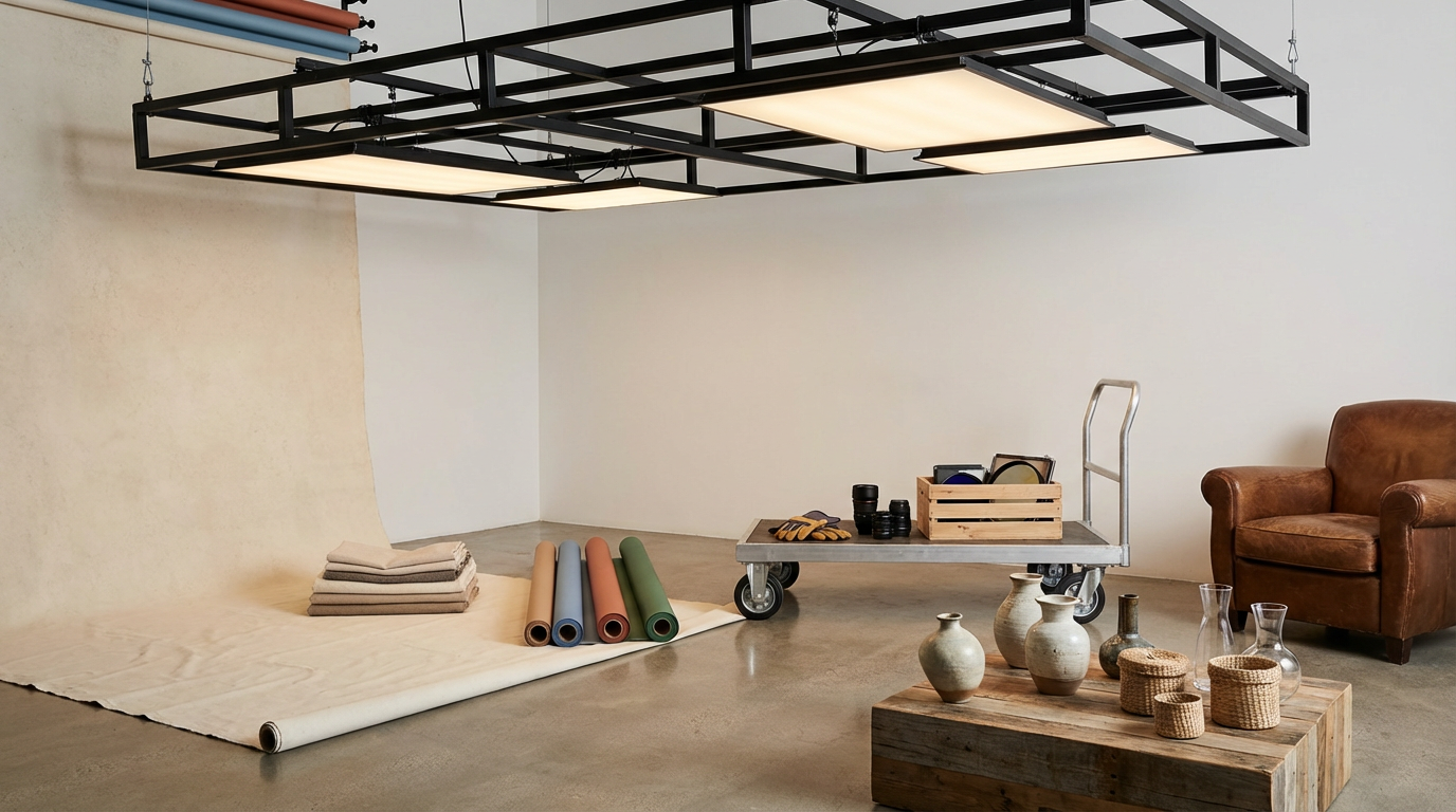 Photography studio with backdrop, fabric rolls, painting supplies on a trolley, vases, and seating area with a leather armchair.