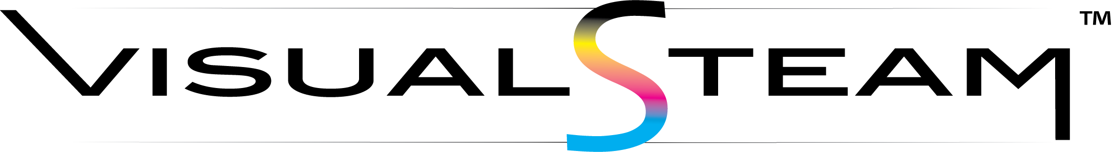A graphic logo for VisualSteam including a chromatogram displaying individual letters spelling out VisualSteam in black, but including yellow, pink, blue, and black S in the middle and taller than the rest of the letters.