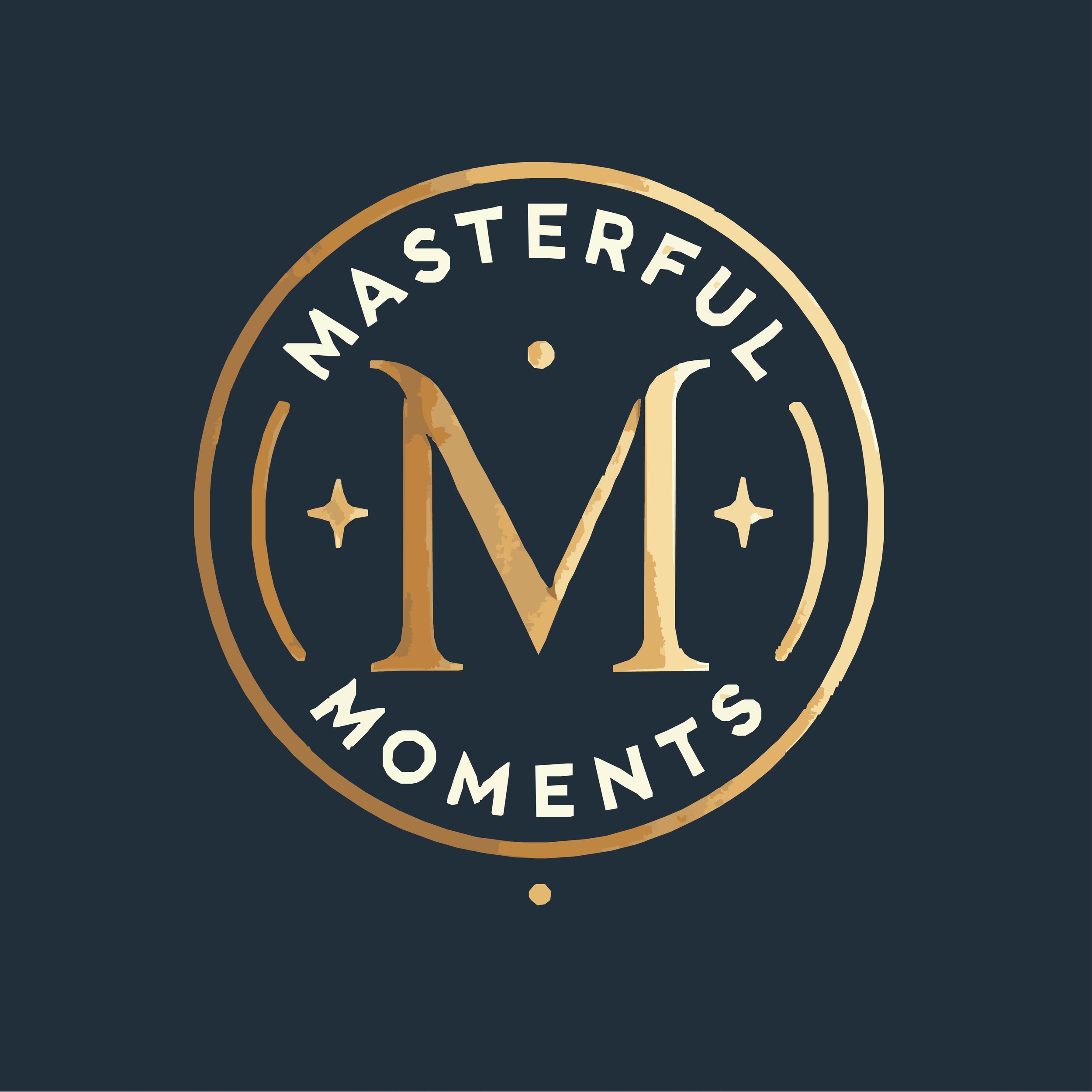 Graphic logo for Masterful Moments including a gold circle on a dark blue background with Masterful inside the top of the circle and Moments inside the bottom of the circle, and a Gold classic M in the middle.