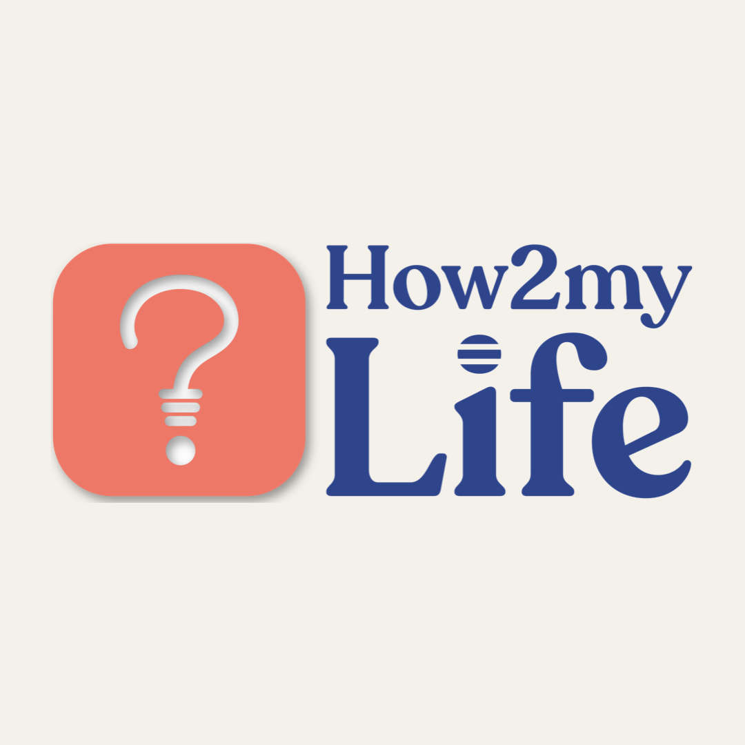 Logo for How2 My Life, including the name "How2 my" above "Life" in navy blue, and a question mark inside an coral colored, rounded square.