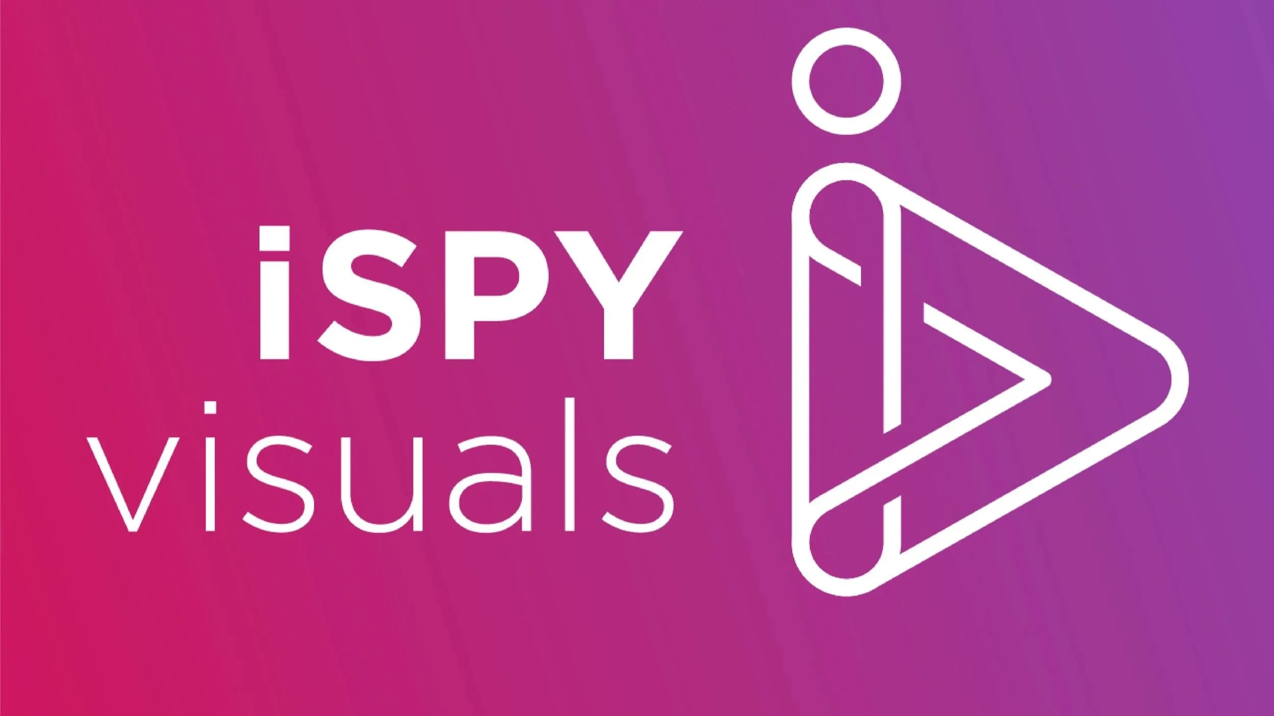 The image is the logo for iSPY Visuals and features a pink to purple gradient background with the words 'iSPY VISUALS' written in white to its left, and a white illustration of an i intertwined with a play button to the right.