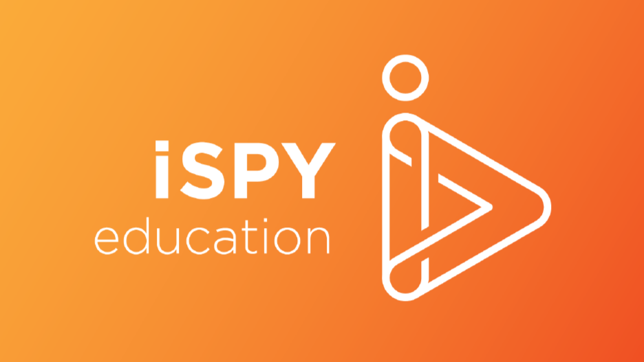 The image is the logo for iSPY Education and features a light to dark orange gradient background with the words 'iSPY Education' written in white to its left, and a white illustration of an i intertwined with a play button to the right.