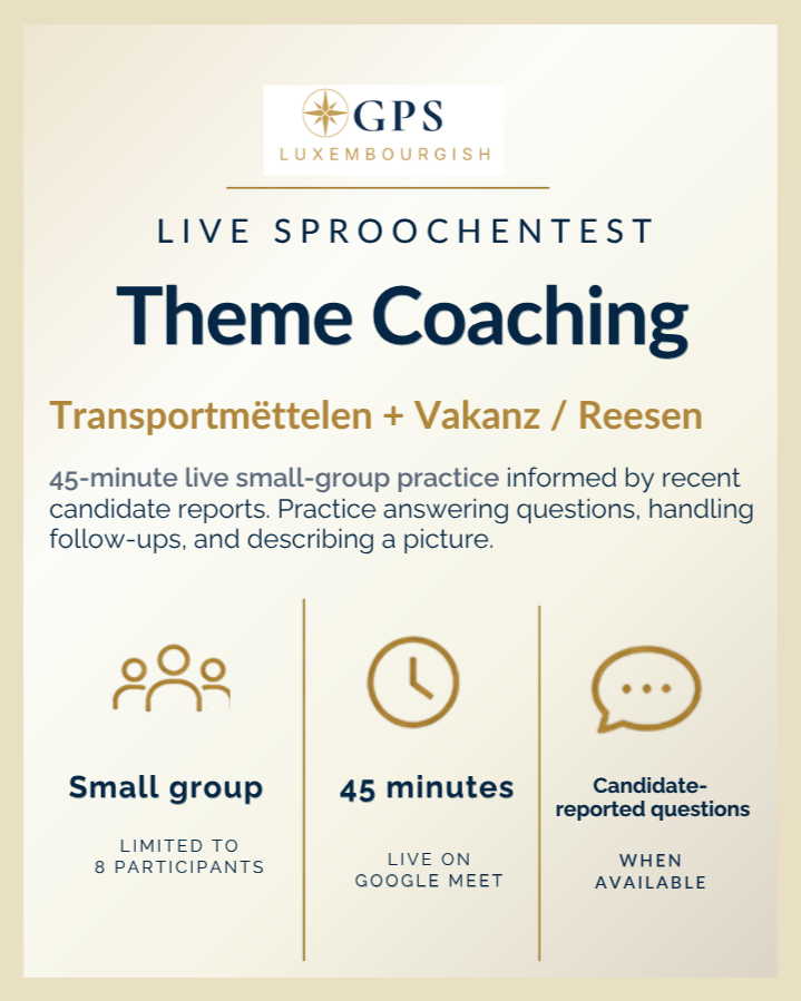 GPS Live Sproochentest Theme Coaching- Transportmëttelen + Vakanz / Reesen