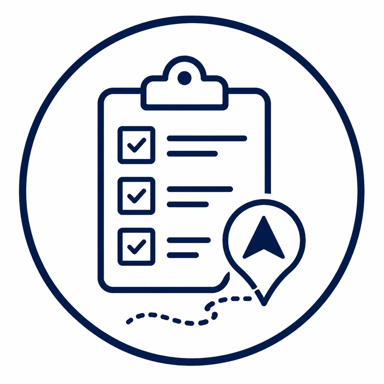 An icon of a clipboard with checkmarks and a location marker indicating navigation or a route planning