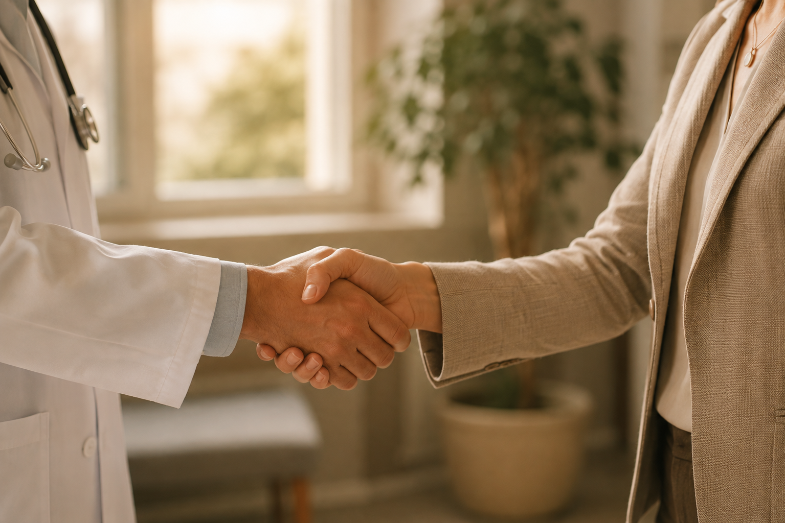 Healthcare provider and business professional shaking hands, representing collaboration and AI-enabled provider intelligence.