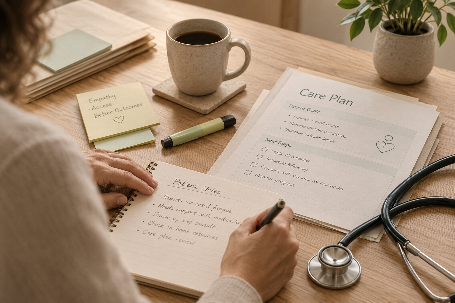 Clinical workflow planning workspace with care plan notes and a stethoscope, representing customer-centered healthcare workflow design.