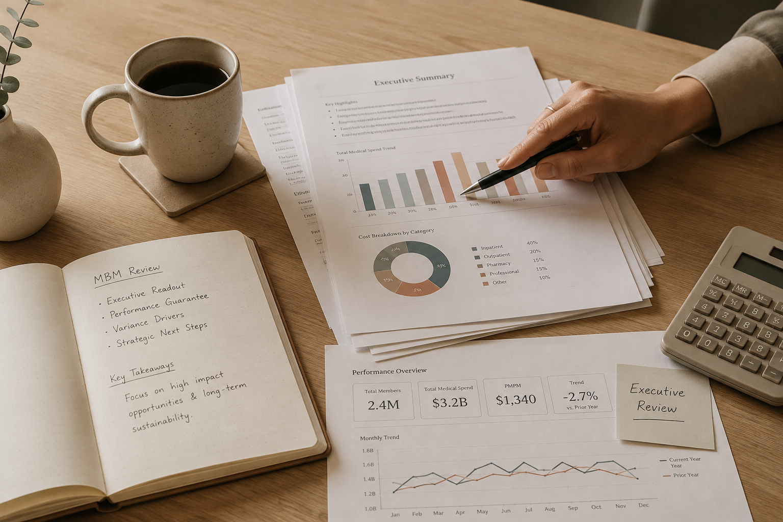 Executive reporting workspace with performance charts and financial analysis representing Medical Benefits Management strategy and decision support.