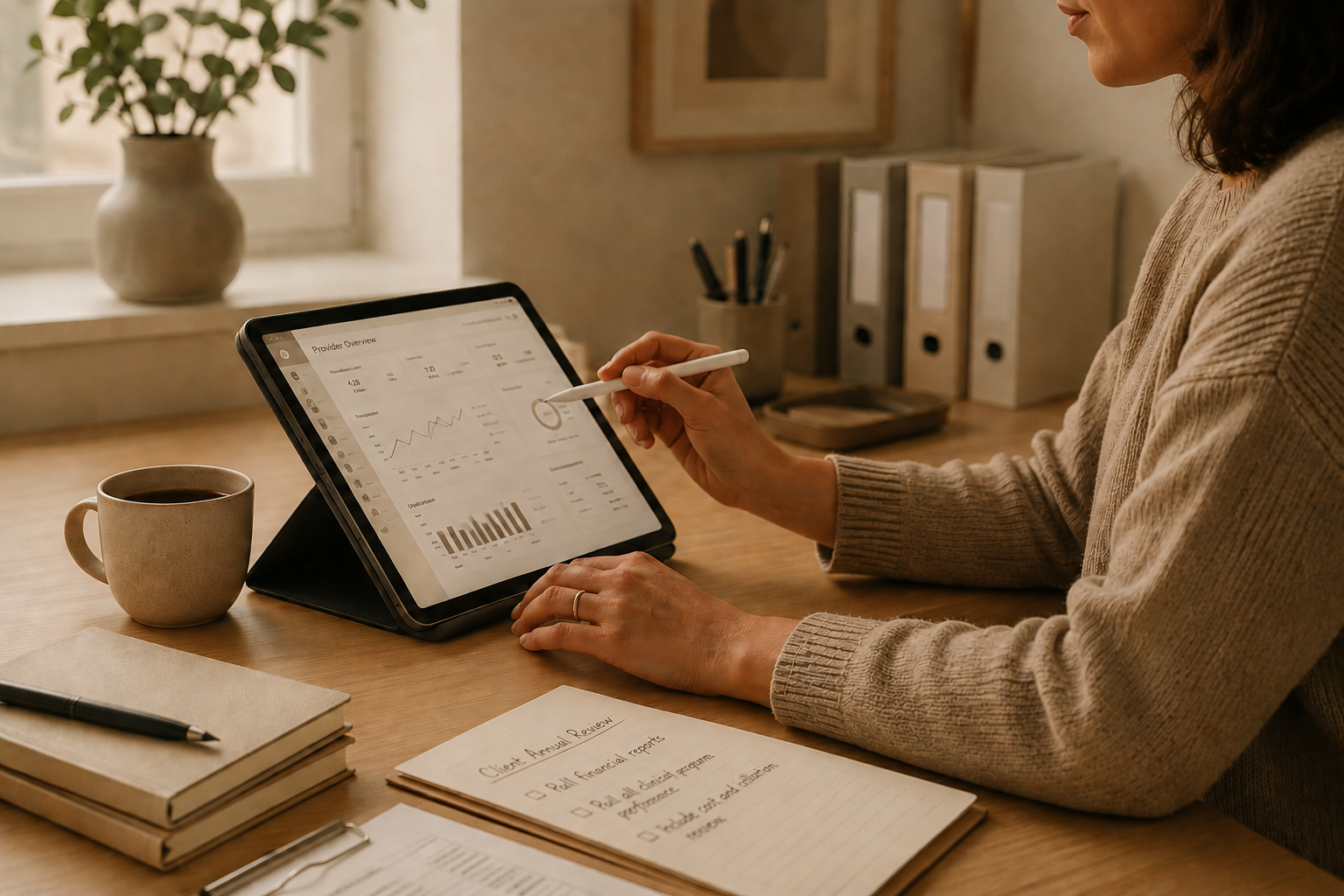Professional reviewing client analytics on a tablet, representing enterprise healthcare reporting and client performance insights.