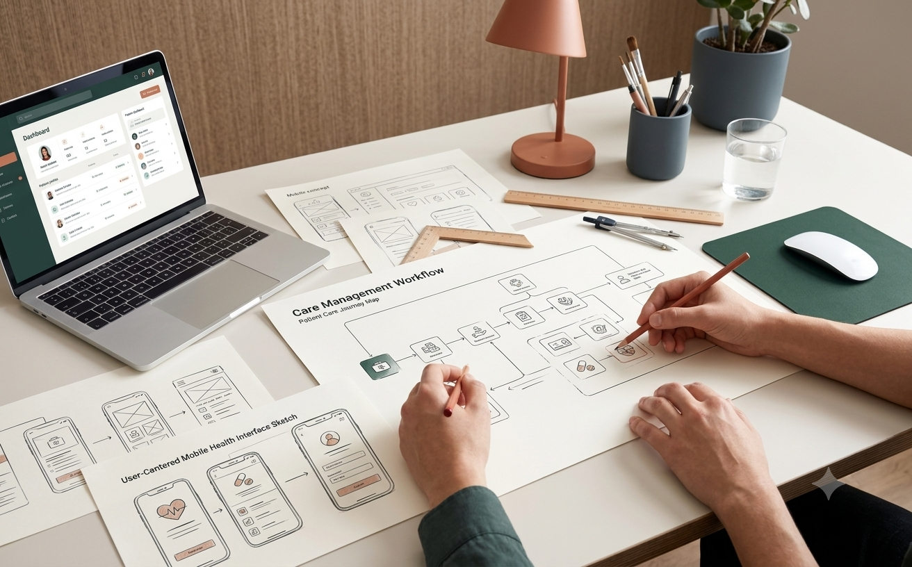 Healthcare product planning workspace with care management workflow and digital health interface designs.